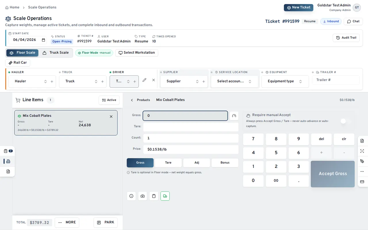 OnlineScrap scale operations workspace: an inbound ticket with a Mix Cobalt Plates line item, 24,638 lb net, a weight keypad and a running $3,789.32 total