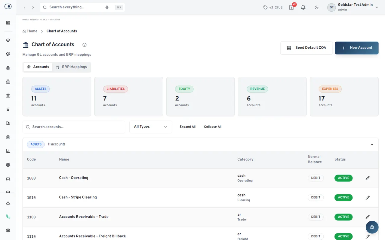 OnlineScrap chart of accounts screen showing the account structure the scale activity posts into