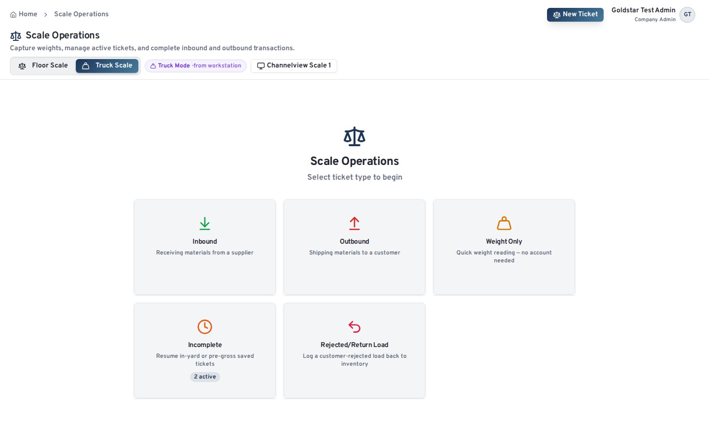 OnlineScrap Scale Operations hub showing inbound, outbound, weight-only, incomplete and rejected/return-load ticket types with floor-scale and truck-scale modes